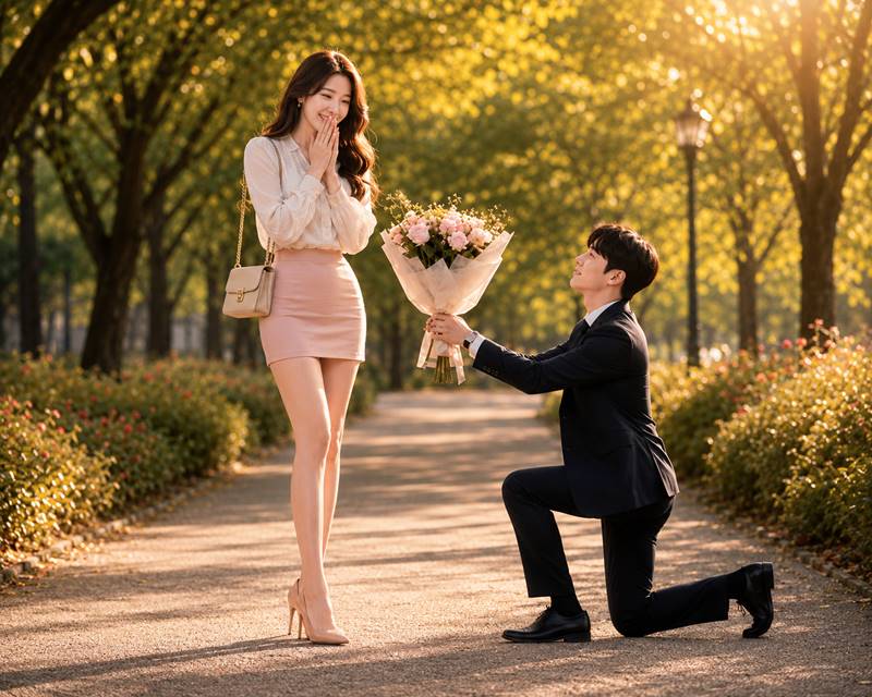 5년 만에 재회한 남자가 공원에서 한쪽 무릎을 낮추고 꽃다발을 건네며 예쁜 미니스커트 차림의 여성에게 다시 시작하자고 고백하는 장면