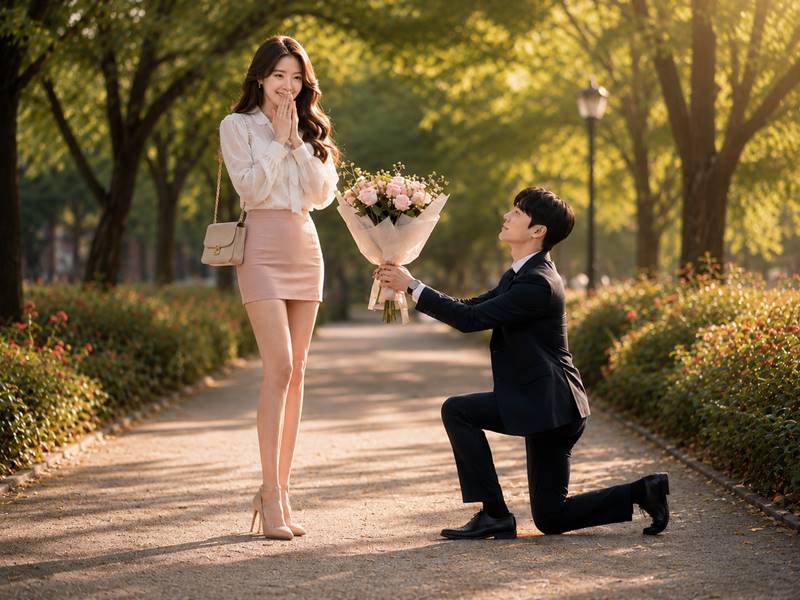 5년 만에 다시 만난 남녀가 공원에서 남자가 한쪽 무릎을 낮춘 채 꽃다발을 건네며 고백하는 장면 공원에서 정장을 입은 남자가 한쪽 무릎을 꿇고 꽃다발을 건네며 고백하고, 여성은 감격한 듯 놀란 듯 바라보는 장면