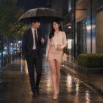 비 오는 날 우산을 함께 쓰고 걸어가며 서로를 조심스럽게 바라보는 한국인 남녀 직장 동료