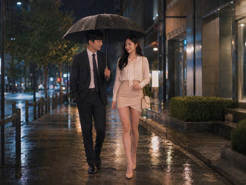 비 오는 날 우산을 함께 쓰고 걸어가며 서로를 조심스럽게 바라보는 한국인 남녀 직장 동료