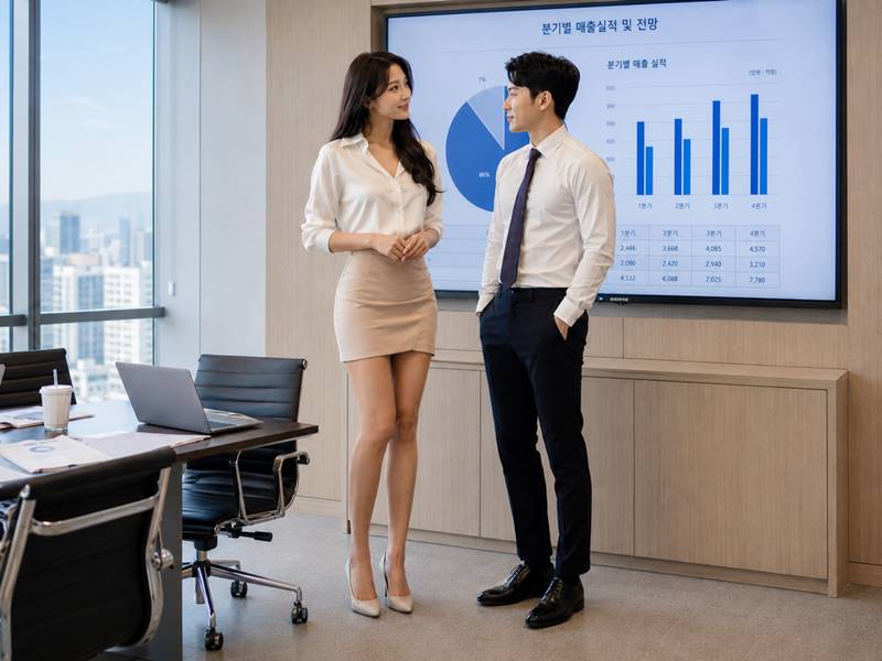 회의실 칠판 앞에서 여자 동료와 남자 동료가 서서 자연스럽게 눈을 마주치는 장면