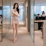 사무실 복도에서 커피를 들고 직장 동료의 친절을 떠올리며 생각에 잠긴 한국인 여성 직장인