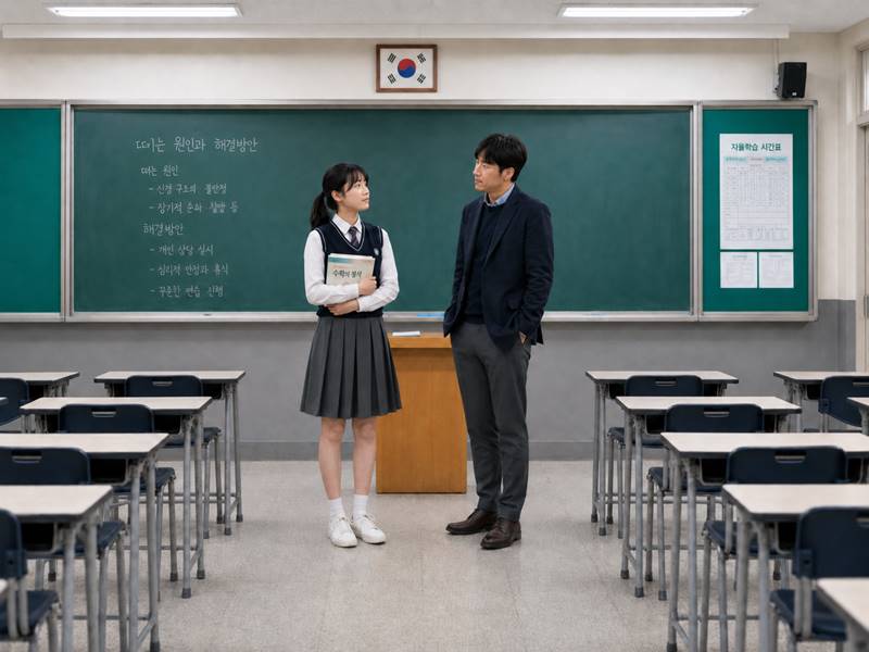 문제집을 가슴에 안고 교실 칠판 앞에서 남자 교사를 바라보는 여고생