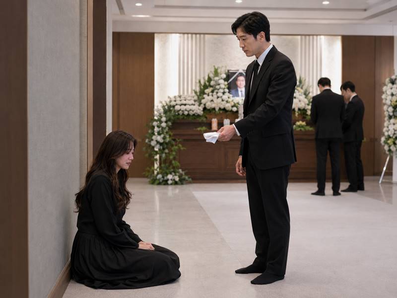 장례식장 빈소에서 검은 상복을 입은 여성이 바닥에 앉아 울먹이고 있고 남자 동료가 흰 손수건을 조용히 건네는 모습