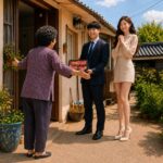 진주 단독주택 앞에서 할머니가 한우 선물 상자를 든 남자친구와 손녀를 반갑게 맞이하는 모습