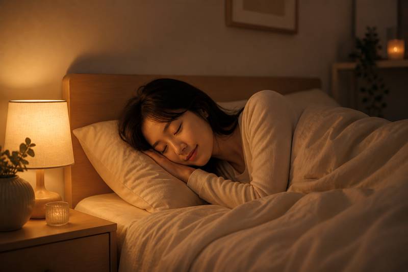 건강한 수면 루틴 야간 수면 환경 편안한 수면 환경 따뜻한 조명에서 잠자는 여성 수면 습관