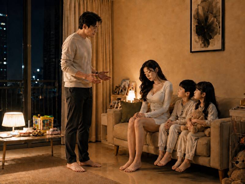 밤 거실에서 남편의 말을 듣고 고개를 숙인 아내와 옆에 앉은 아이들
