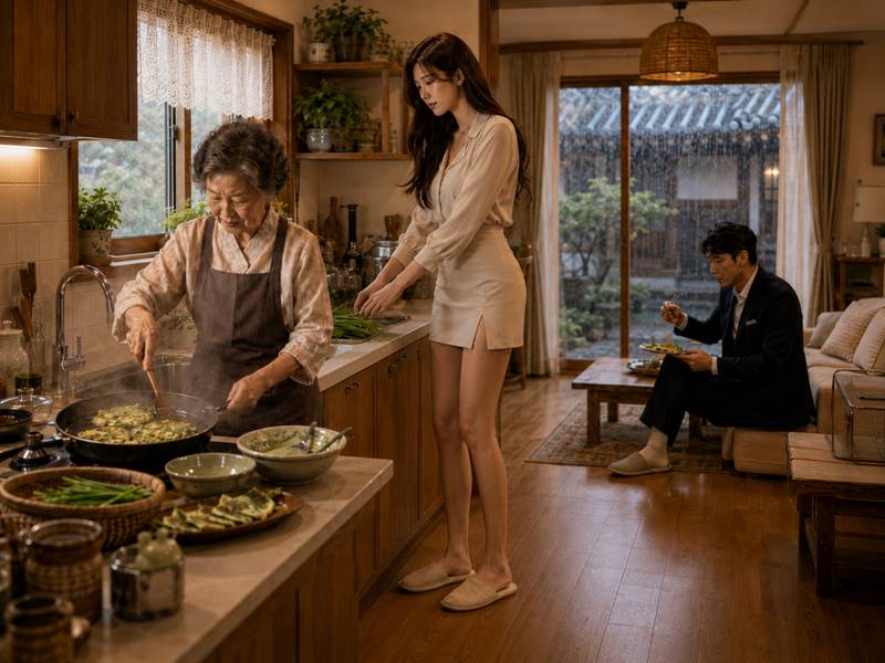 비 오는 날 할머니 집 부엌에서 정구지 찌짐을 부치는 장면, 정구지 뜻 설명 이미지 비 오는 날 할머니 집 부엌에서 정구지 찌짐을 부치는 할머니와 싱크대 옆에서 정구지를 다듬는 키 큰 여성, 뒤쪽에서 찌짐을 먹는 남성