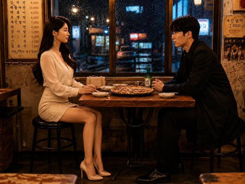 비 오는 밤 대학 앞 오래된 분식점에서 파전을 앞에 두고 마주 앉은 헤어진 연인