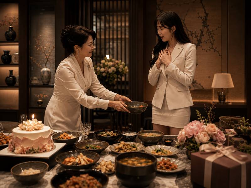 중년 여성 회장이 정성껏 차린 생일상 앞에서 키 큰 젊은 여성 딸과 마주 서 있는 감동적인 장면
