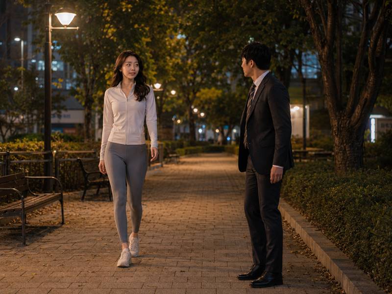 저녁 동네 공원 산책로에서 운동복 차림의 여성과 정장 차림의 남성이 우연히 마주친 장면 저녁 무렵 동네 공원 산책로에서 운동복 차림의 여성이 걷고 있고, 정장을 입은 남성이 우연히 마주쳐 멈춰 서서 그녀를 바라보는 장면