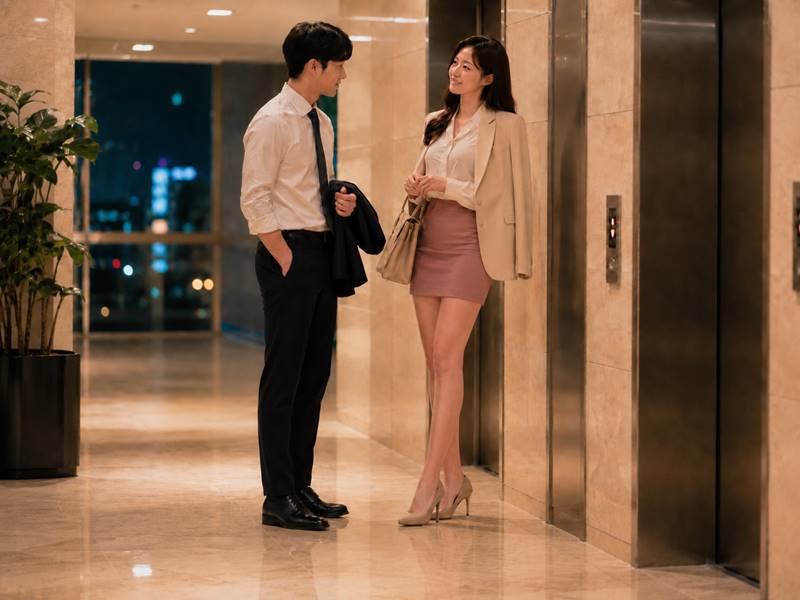 퇴근 후 엘리베이터 앞에서 직장 남자 동료가 여성 동료에게 호감을 보이는 장면