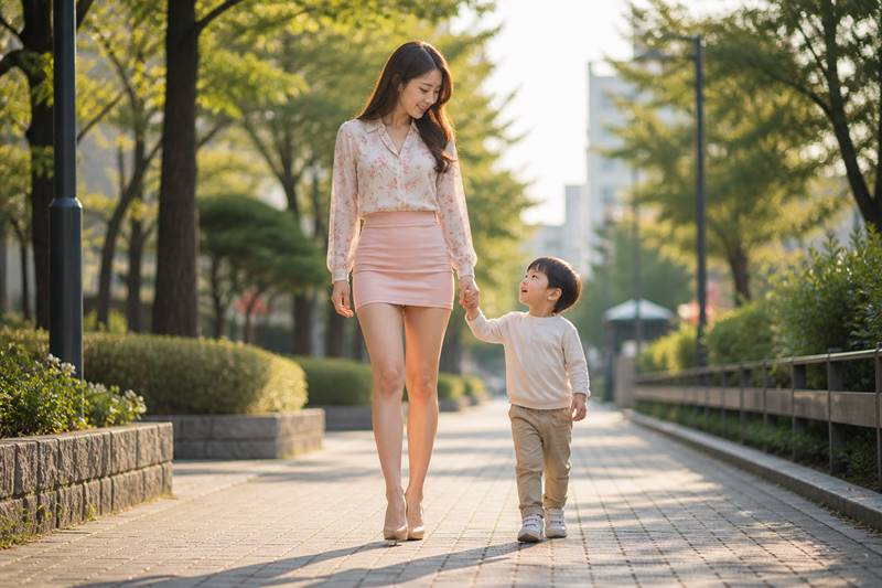 아이 손을 잡고 걷는 엄마가 책임과 선택을 고민하는 모습