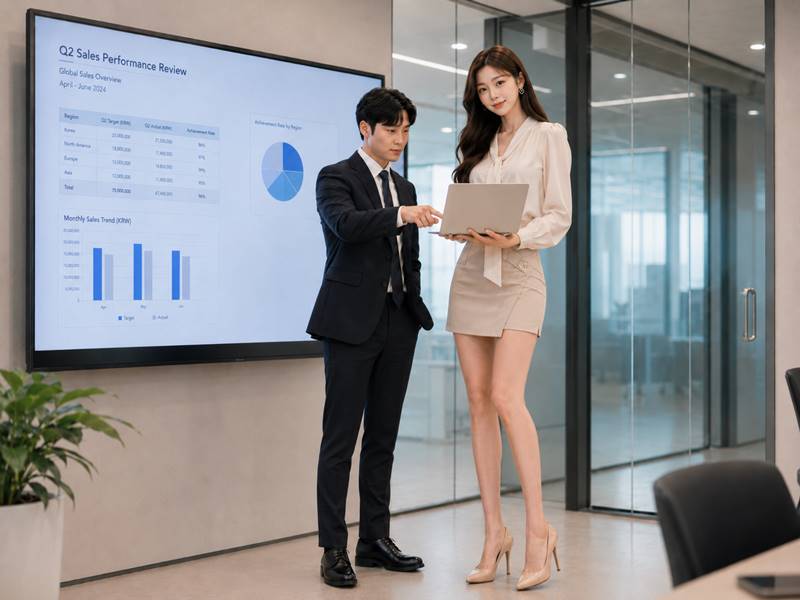 회의 전에 여성 직원의 발표 자료를 함께 확인해주는 윤 대리의 조용한 배려 회의 직전 전자칠판 앞에서 파워포인트 자료를 함께 점검하며 노트북 화면의 수치 오류를 조용히 알려주는 남성 대리와 긴장한 여성 직원