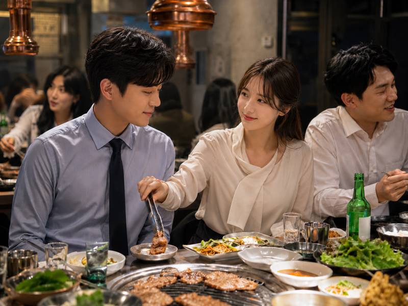 회식 자리에서 여성 동료가 남성 동료의 앞접시에 고기를 올려주며 미묘한 호감을 드러내는 장면 회식 자리에서 여성 직장 동료가 남성 동료의 앞접시에 고기를 올려주며 서로를 조심스럽게 바라보는 장면