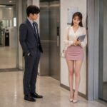회식 다음 날 아침, 사무실 엘리베이터 앞에서 정장 차림의 남성 동료가 여성을 바라보고 여성은 시선을 피한 채 어색하게 서 있는 장면
