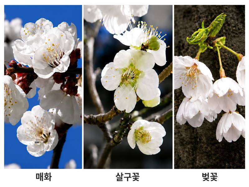 매화와 살구꽃과 벚꽃의 차이를 나란히 비교한 봄꽃 구별 이미지