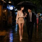비 내리는 밤거리에서 미니스커트와 하이힐 차림의 키 큰 여성 직장인이 작은 핸드백을 메고, 자신보다 키가 작은 남성과 한 우산 아래 가까이 걸어가는 장면