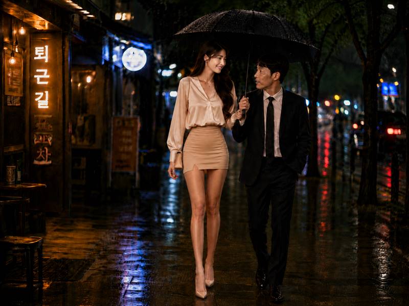 비 내리는 밤거리에서 미니스커트와 하이힐 차림의 키 큰 여성 직장인이 작은 핸드백을 메고, 자신보다 키가 작은 남성과 한 우산 아래 가까이 걸어가는 장면
