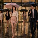 비 오는 저녁 회사 앞에서 미니스커트를 입은 세련된 직장 여성