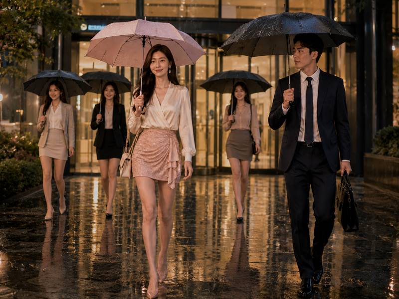 비 오는 저녁 회사 앞에서 미니스커트를 입은 세련된 직장 여성