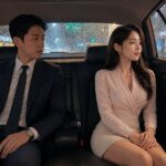 비 오는 날 거래처 미팅 후 택시 뒷좌석에서 남자 직장인이 예쁜 한국인 여자 직장인을 조심스럽게 바라보는 모습