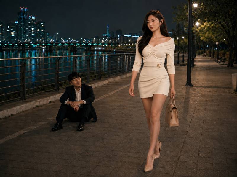 밤의 강변 공원에서 세련된 미니스커트 차림의 여자 선배가 핸드백을 들고 차갑게 걸어가고, 남자 후배가 뒤에 혼자 바닥에 앉아 후회하는 모습