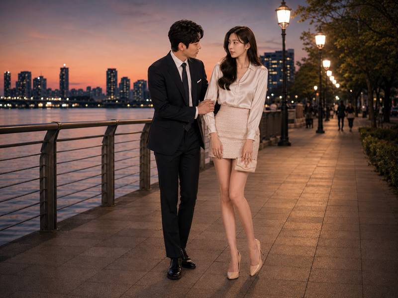 해질 무렵 강변 산책로에서 밝은 미니스커트와 하이힐을 신은 한국인 여성 직장인과 정장 차림의 박 대리가 가까이 서서 서로를 바라보는 모습