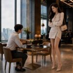 서울의 고급 카페에서 사투리와 서울말 문제로 다투는 연인, 서 있는 여성이 앉아 있는 남성을 내려다보는 모습