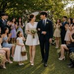 작은 정원 결혼식에서 어린 딸과 하객들의 축하를 받으며 함께 걸어오는 신랑 신부