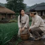 비 온 뒤 소풀밭 옆에서 소쿠리를 들고 몰래 만난 1950년대 한국 시골 처녀와 총각