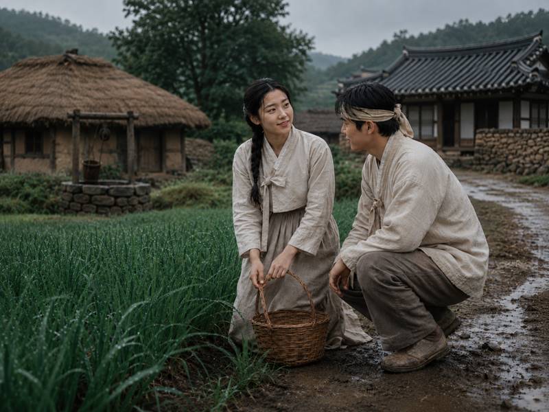 비 온 뒤 소풀밭 옆에서 몰래 만난 1950년대 한국 시골 처녀와 총각 비 온 뒤 소풀밭 옆에서 소쿠리를 들고 몰래 만난 1950년대 한국 시골 처녀와 총각