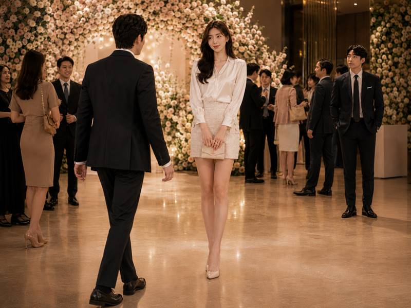꽃 장식이 있는 결혼식장 로비에서 밝은 색 미니스커트를 입은 키 큰 한국인 여성 직장인과 그녀에게 다가오는 김 대리, 뒤쪽에서 바라보는 박 대리의 모습