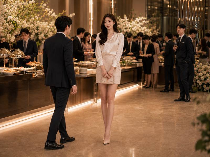 결혼식 피로연 뷔페홀에서 화사한 미니스커트를 입은 키 큰 한국인 여성 직장인과 가까이 다가오는 김 대리, 멀리서 조용히 바라보는 박 대리의 모습