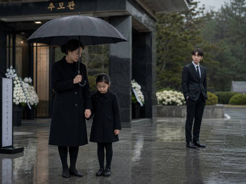 비 오는 날 검은 우산 아래 서 있는 어머니와 딸을 멀리서 조용히 바라보는 제자의 장면 비 오는 날 검은 우산 아래 서 있는 어머니와 어린 딸을 멀리서 바라보는 제자