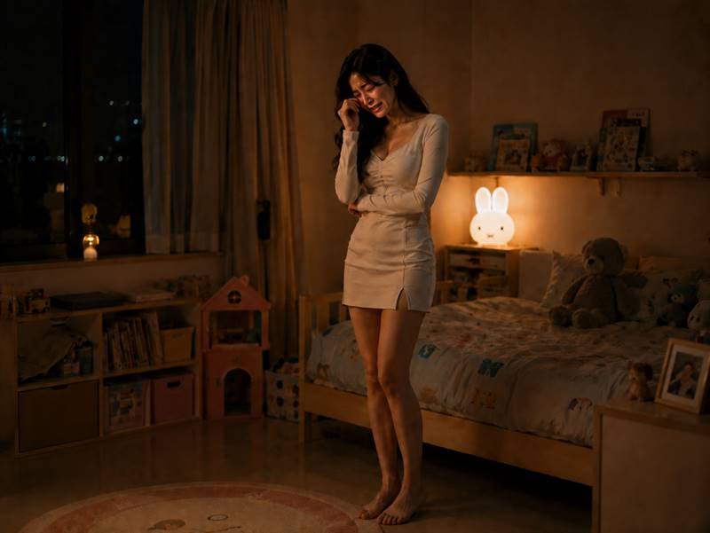 아이들 방 안에서 서서 눈물을 닦는 재혼한 한국 여성
