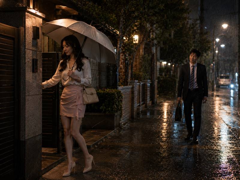 우산을 쓰고 집에 들어가는 여성과 비를 맞으며 바라보는 남성의 야경 장면 비 오는 밤, 우산을 쓴 여성이 집 현관으로 들어가고 있고, 정장을 입은 남성이 멀리서 비를 맞은 채 그녀를 바라보고 있는 모습