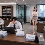 현대적인 한국 회사 사무실에서 긴장한 남자 사원이 노트북 앞에 앉아 있고, 뒤쪽에 단정한 미니스커트와 하이힐 차림의 40대 여성 팀장이 차가운 표정으로 서 있는 장면