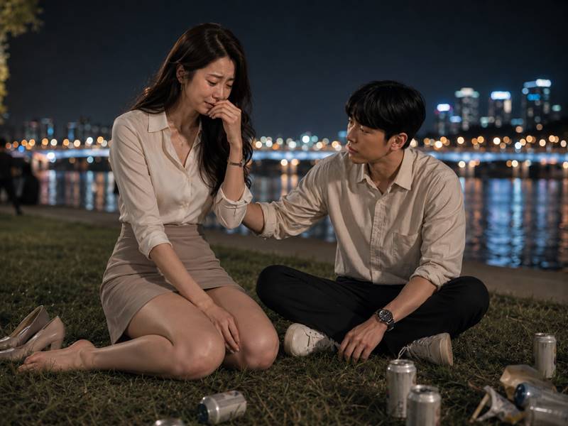 늦은 밤 강변 잔디밭에서 울고 있는 여성 팀장 옆에 남자 직원이 앉아 조심스럽게 위로하는 모습