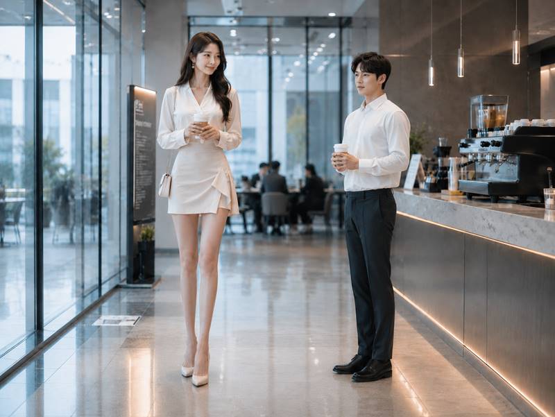 거래처 카페에서 어색하게 커피를 마시며 대화하는 여성 직장인과 남성 거래처 카페에서 작은 핸드백을 멘 여성 직장인이 와이셔츠 차림의 남성과 서서 커피를 마시며 조심스럽게 대화하는 모습