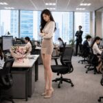 사무실 책상 위에 놓인 꽃다발과 메모를 보고 불편한 표정을 짓는 키 큰 여성 직장인과, 뒤쪽에서 이를 바라보는 남성 선배의 모습